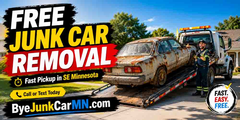 Free junk car removal service removing an unwanted vehicle in Southeast Minnesota