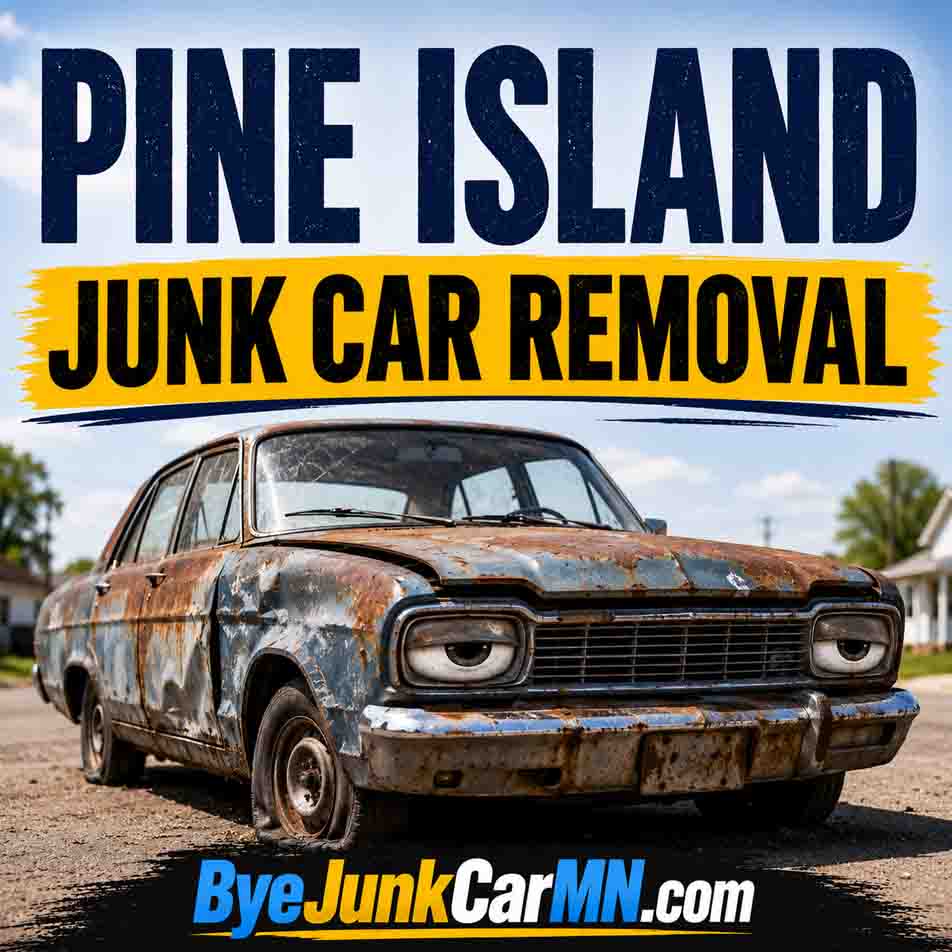 Pine Island Minnesota junk car removal service with rusty unwanted vehicle