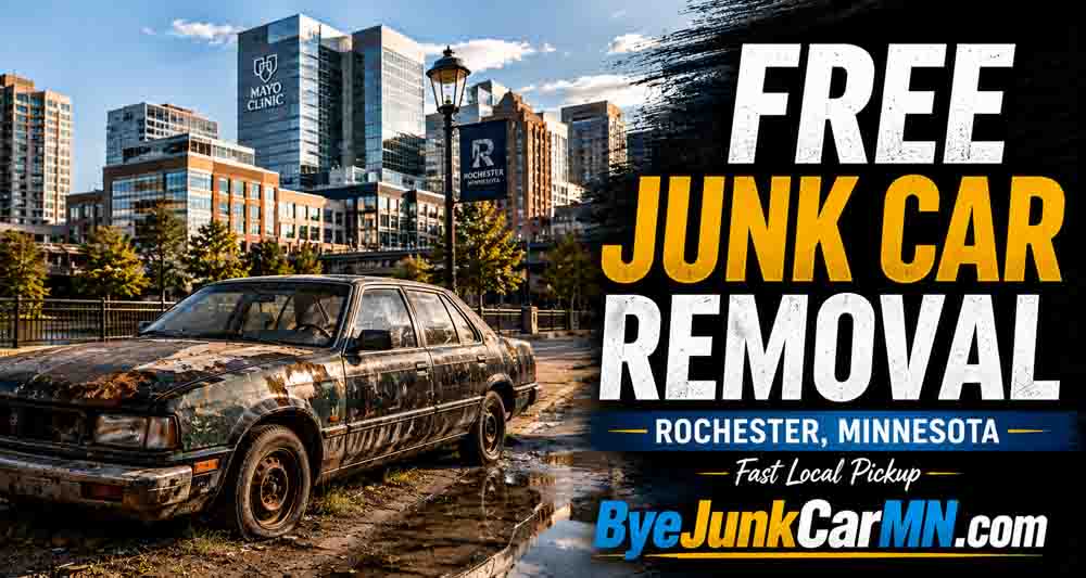 Free junk car removal service in Rochester Minnesota with downtown city background near Mayo clinic