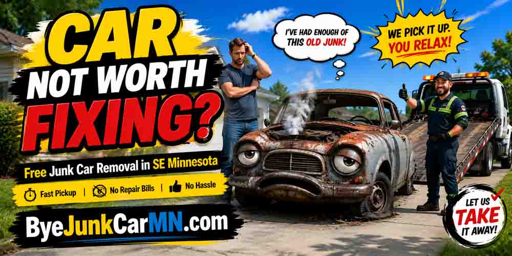 Old broken-down vehicle being removed with free junk car pickup in Southeast Minnesota