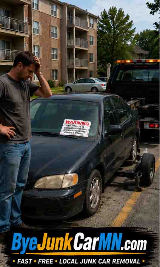 Apartment warning sticker on broken down car before free junk car towing in Southeast Minnesota cities such as Owatonna, Faribault, Northfield and Rochester.