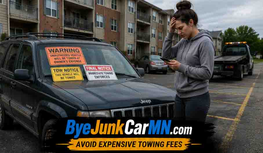 Woman worried about apartment towing warning stickers on junk SUV in Southeast Minnesota parking lot