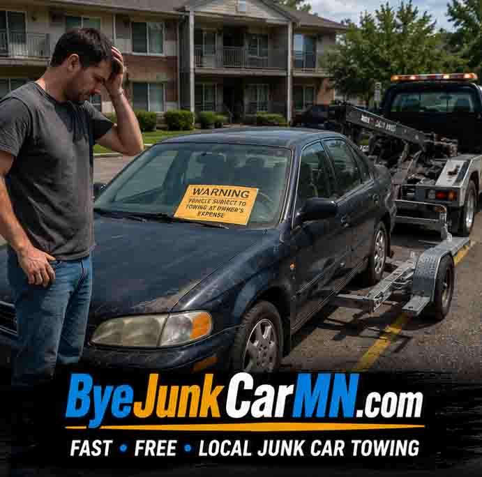 Man avoiding towing fees with fast junk car towing service at apartment complex in Southeast Minnesota
