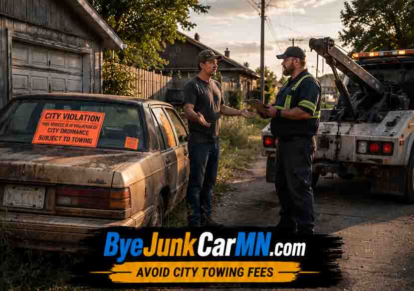 Property owner speaking with towing operator beside junk car with city violation notice in Southeast Minnesota