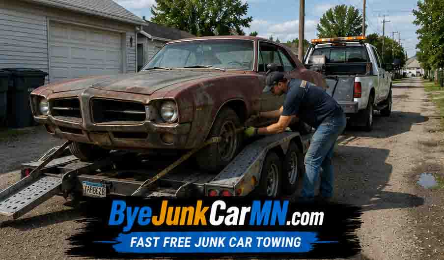Old junk car being loaded onto tow dolly for fast free junk car towing in Southeast Minnesota