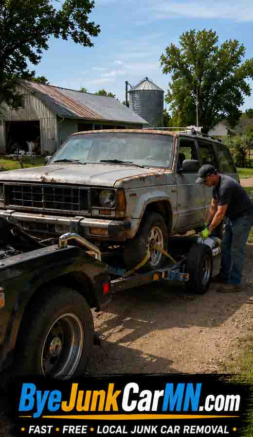 Free junk car towing service loading an old truck onto a tow dolly in rural Southeast Minnesota