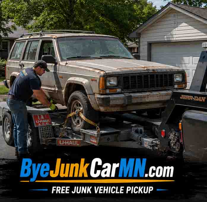 Local towing operator loading old Jeep onto heavy-duty tow dolly for free junk vehicle pickup in Southeast Minnesota