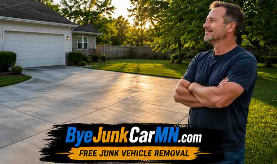 Happy homeowner after free junk vehicle removal service in Southeast Minnesota