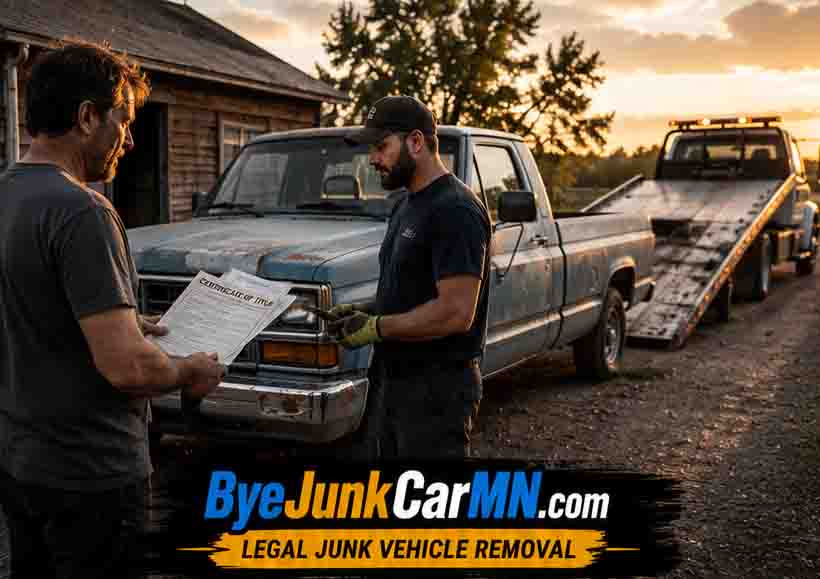 Customer reviewing vehicle paperwork before legal junk vehicle removal in Southeast Minnesota