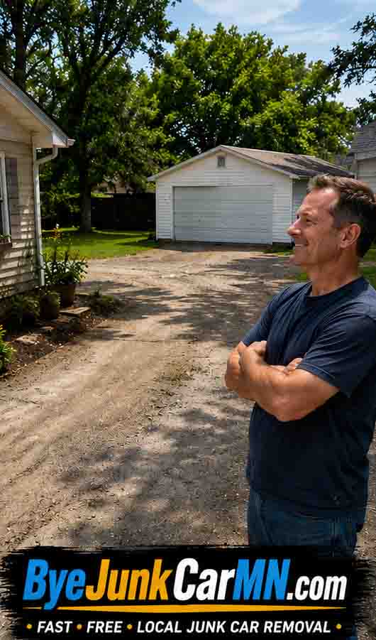 Happy Southeast Minnesota homeowner after free junk car removal cleared the driveway