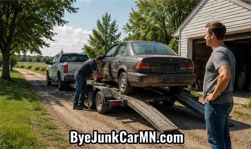 Junk car being loaded onto a trailer for free removal at a rural property in Southeast Minnesota.
