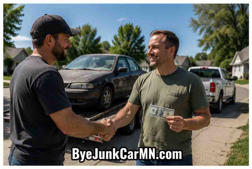 Local junk car buyer giving a cash offer to a homeowner before removing a junk car in Southeast Minnesota.